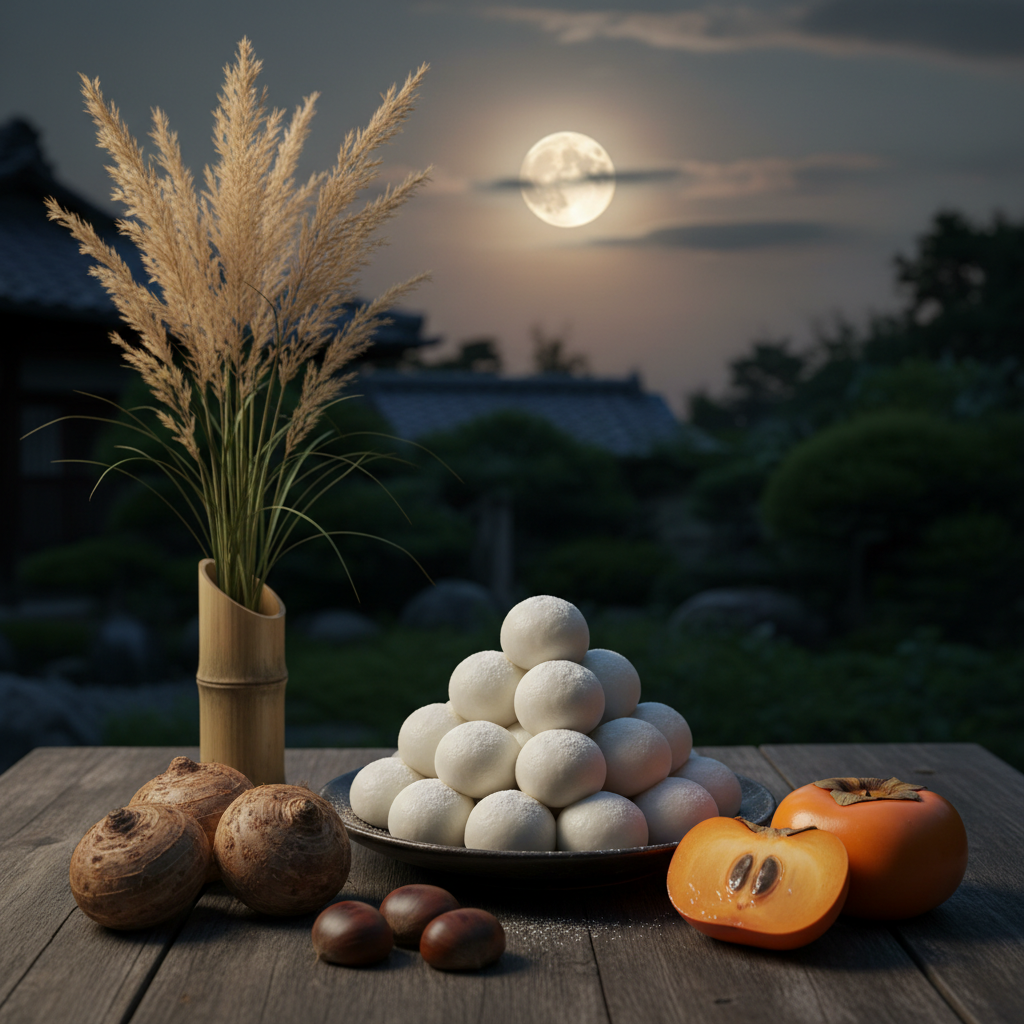 十五夜のお供え(月見団子と秋の食材)