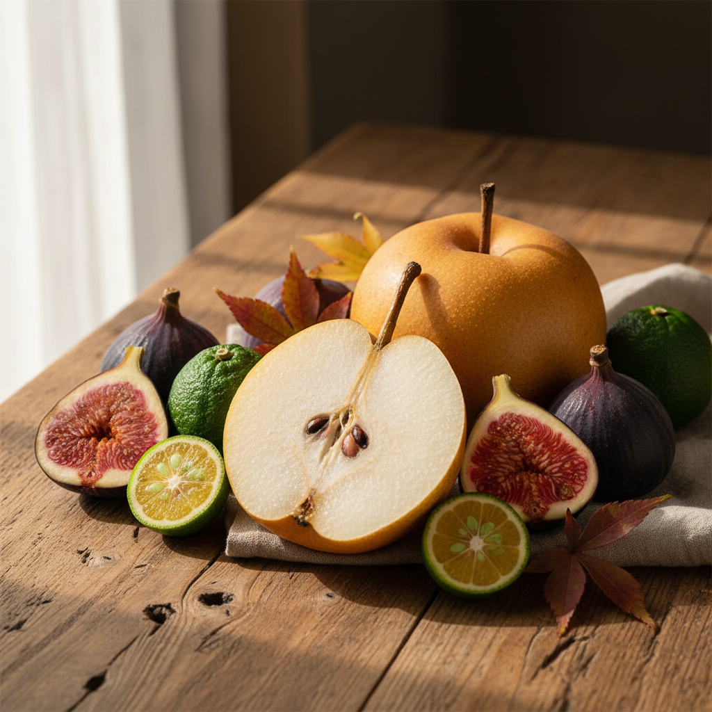 初秋の果物かご(梨といちじく)